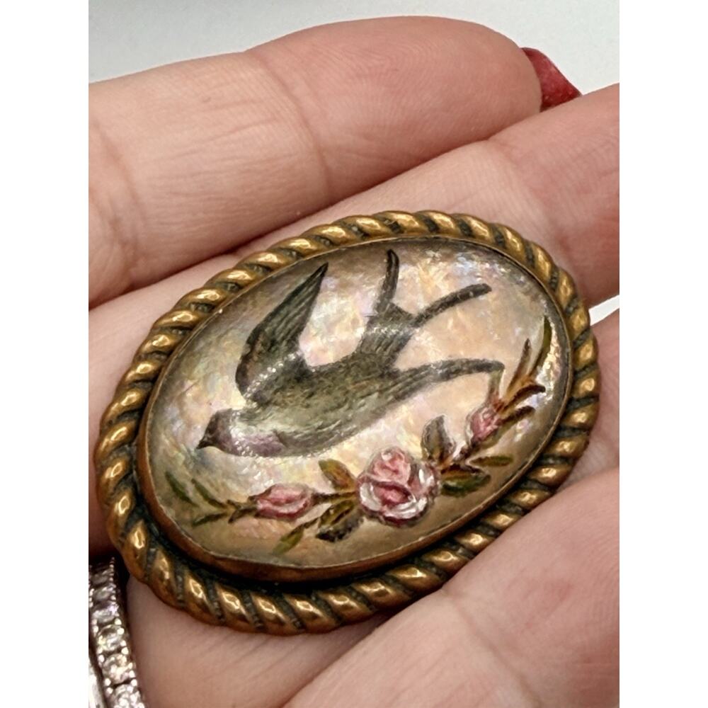 1900's Victorian Reverse Painted Swallow Bird Lapel Pin Brooch Bubble Glass Pink - Picture 7 of 11